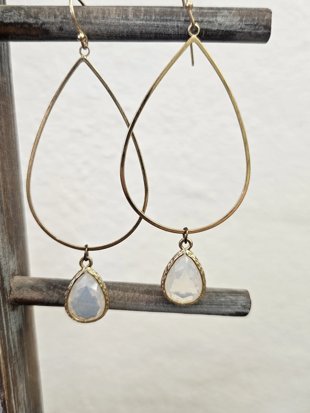 Gold Teardrop Hoop Earrings with White Teardrop Gem